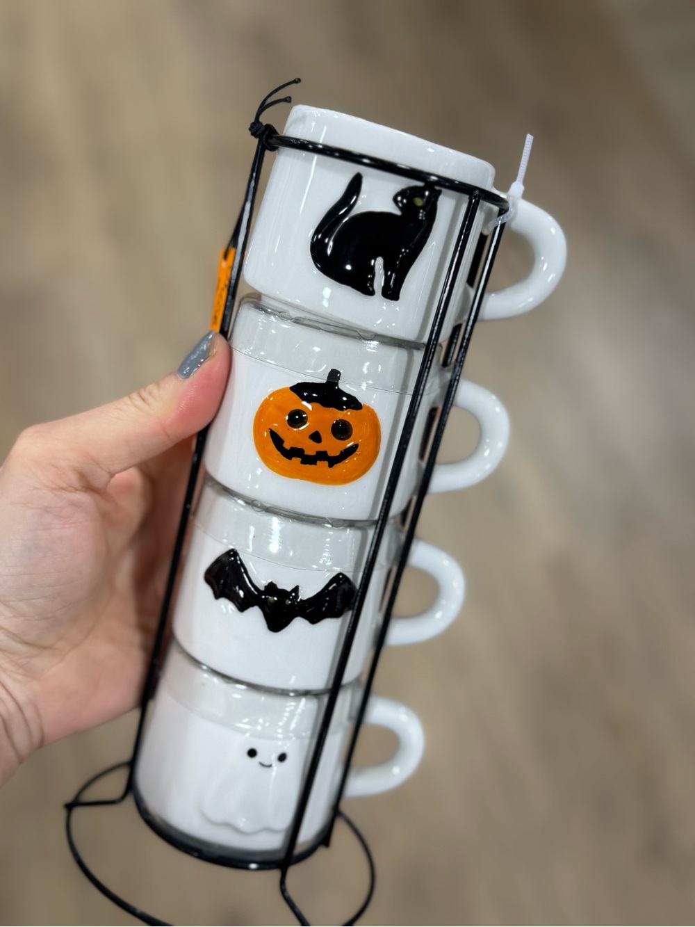 Stackable Halloween Espresso Cup Set with Stand - Black & Orange Accents